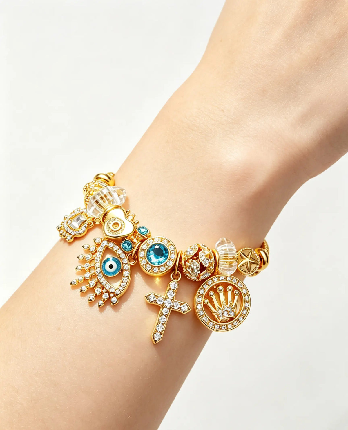 Gold Tone Charm Bracelet for Women, Blue Evil Eye Cross Star Lucky Charms Bracelet, Crystal Statement Jewelry Gift for Her
