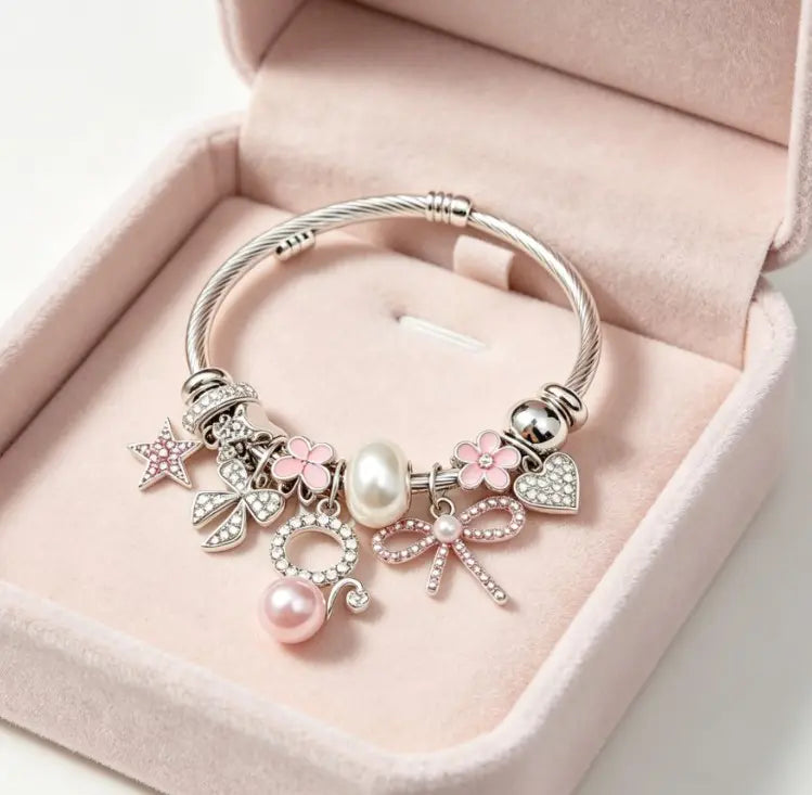 Women's Silver Twisted Wire Open Cuff Bracelet - Dual-Style Pink & White Rhinestone, Bow, Star, Heart, 4-Leaf Clover, Pearl Pendant Bangle, Stackable Dainty Costume Jewelry Gift