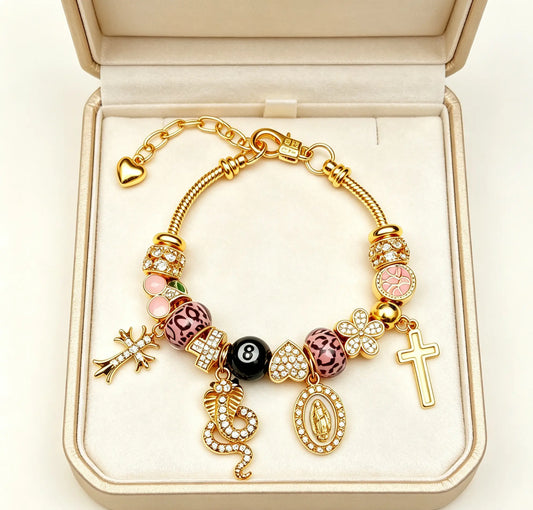 Edgy Gold Charm Bracelet – Leopard, 8-Ball & Cross Pendants for Bold Streetwear Vibes