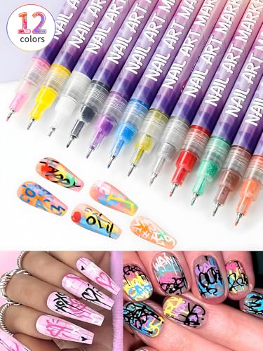 3D Nail Art Pens Set | 12 Vibrant Colors Fine Tip 0.5mm | Quick-Dry Liner & Dotting Tools for Salon or Home