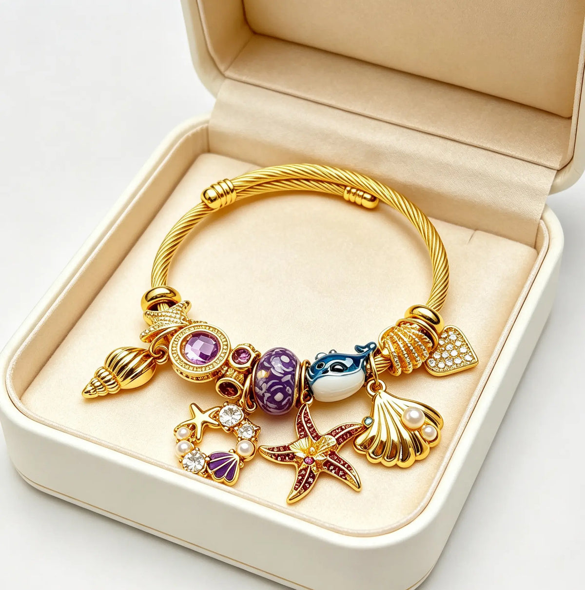Ocean Dream Charm Bangle: Sparkling Starfish & Whale Open Cuff Bracelet for Women - Aesthetic Jewelry Gift