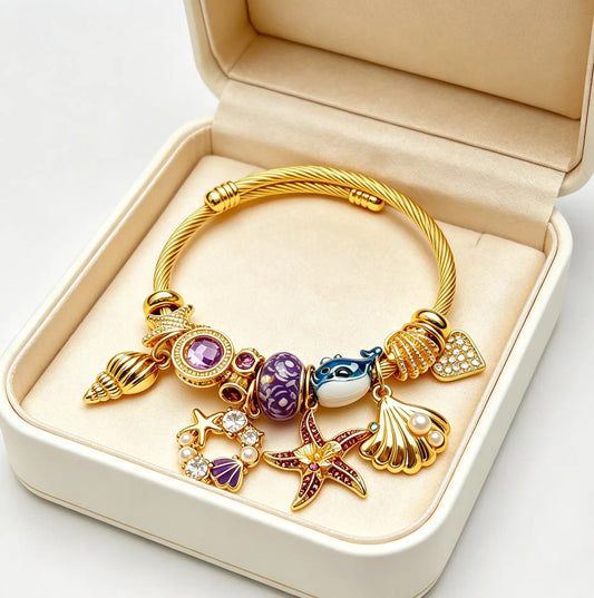 Ocean Dream Charm Bangle: Sparkling Starfish & Whale Open Cuff Bracelet for Women - Aesthetic Jewelry Gift