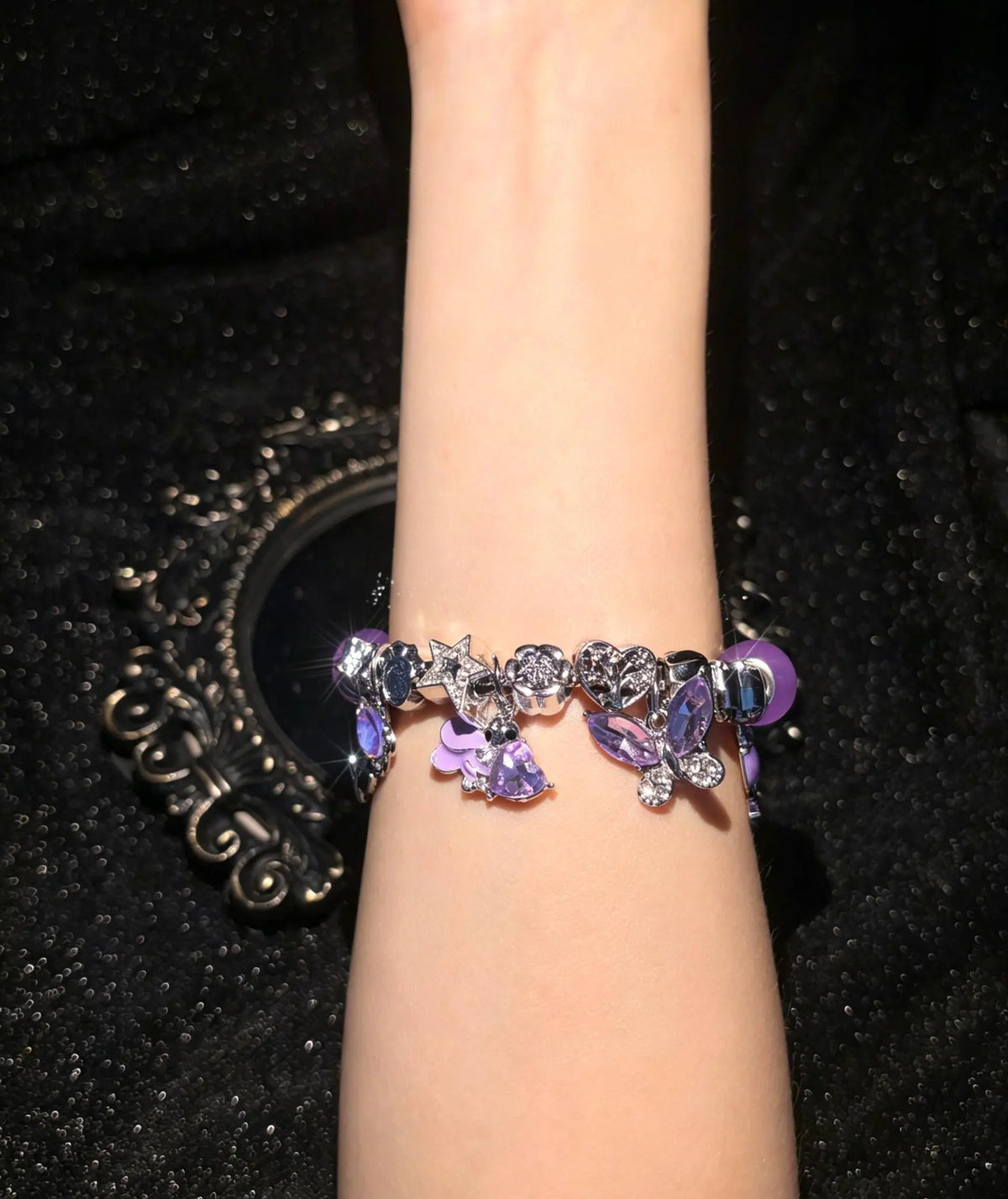 Purple Butterfly Star Charm Bracelet, Sparkling Rhinestone Beaded Snake Chain Bracelet, Dainty Dangle Charm Jewelry Gift for Women Teen Girls