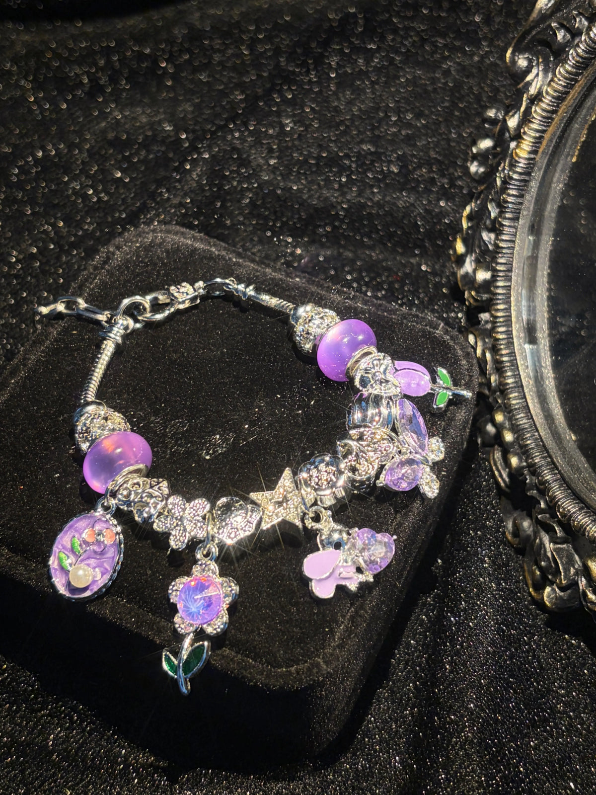 Purple Butterfly Star Charm Bracelet, Sparkling Rhinestone Beaded Snake Chain Bracelet, Dainty Dangle Charm Jewelry Gift for Women Teen Girls
