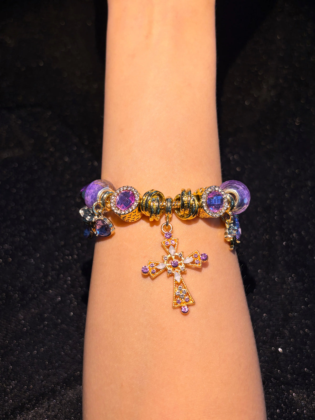 Women's Purple Cross Gold-Tone Snake Chain Bracelet with Rhinestone Beads, Stackable Costume Jewelry Accessory