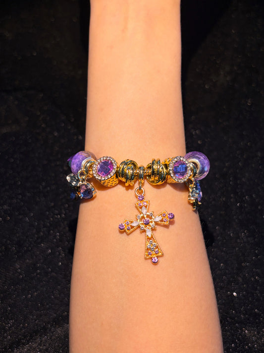 Women's Purple Cross Gold-Tone Snake Chain Bracelet with Rhinestone Beads, Stackable Costume Jewelry Accessory