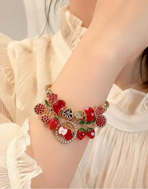 Gold Snake Chain Bracelet with Enamel Charms and Red Crystal for Women Jewelry