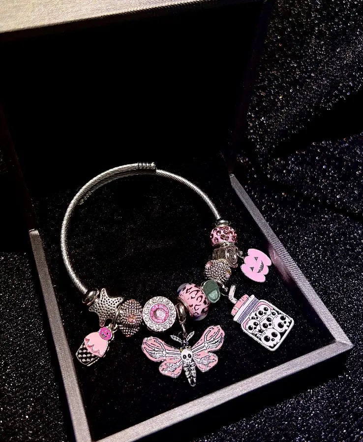 Silver Tone Halloween Pink Skull Moth Charm Bangle, Pink Pumpkin & Skull Jar Enamel Beaded Bracelet, Gothic Spooky Adjustable Cable Wire Bracelet Jewelry for Women