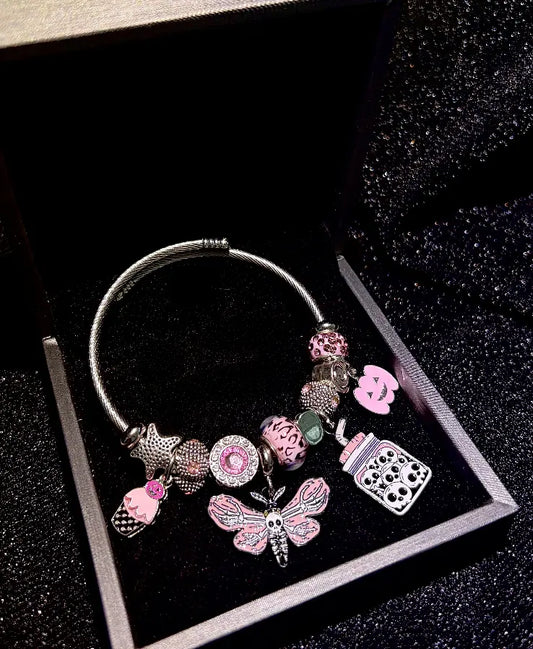 Silver Tone Halloween Pink Skull Moth Charm Bangle, Pink Pumpkin & Skull Jar Enamel Beaded Bracelet, Gothic Spooky Adjustable Cable Wire Bracelet Jewelry for Women