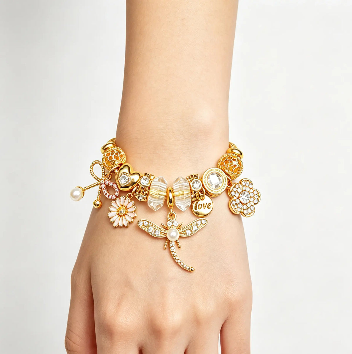 Dragonfly Pink Crystal Charm Bangle Bracelet, Gold-Tone Adjustable Open Cuff Bracelet with Pearl Flower Dangle Charms, Fashion Jewelry Gift for Women Girls