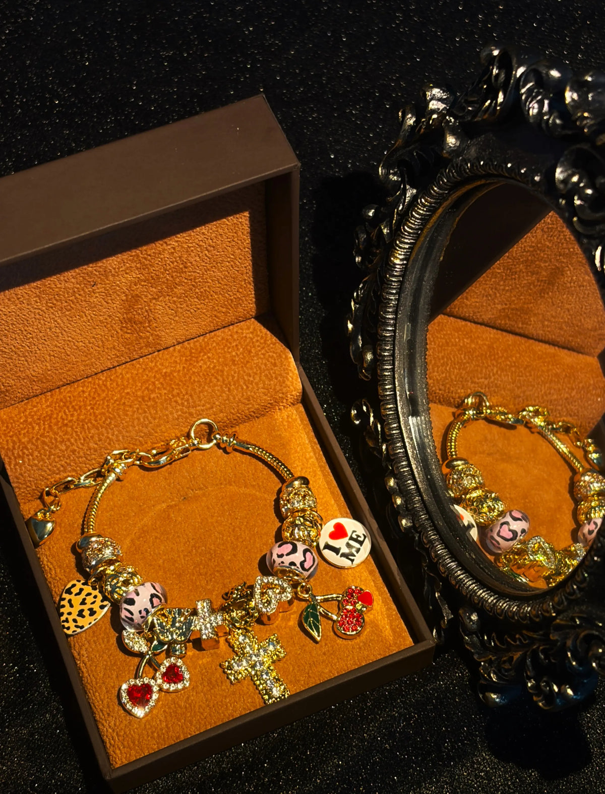 Women's Y2K Leopard Print Charm Bracelet - Gold-Tone Snake Chain, 9.85in Total Length, 2-Style Enamel Crystal Charms with 8-Ball, Cross, Cherry, Star Pendants, Fashion Costume Jewelry Gift for Girls