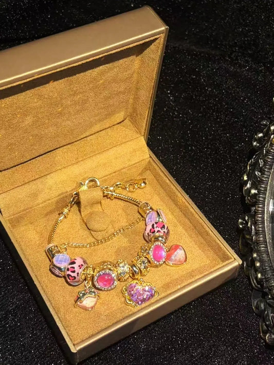 Women's Gold-Tone Stackable Adjustable Bracelet - Pink Leopard Print Beads, Glitter Heart Pendant, Bright Pink Rhinestone Charms - Fashion Statement Jewelry Gift
