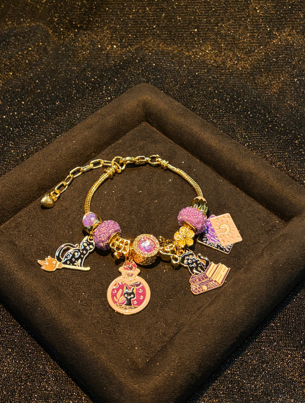 Women's Gold-Tone Snake Chain Charm Bracelet - Mystical Witch Theme with Black Cat, Tarot Card, Magic Potion Enamel Charms, Stackable Adjustable Jewelry for Halloween, Daily Wear, Gifting