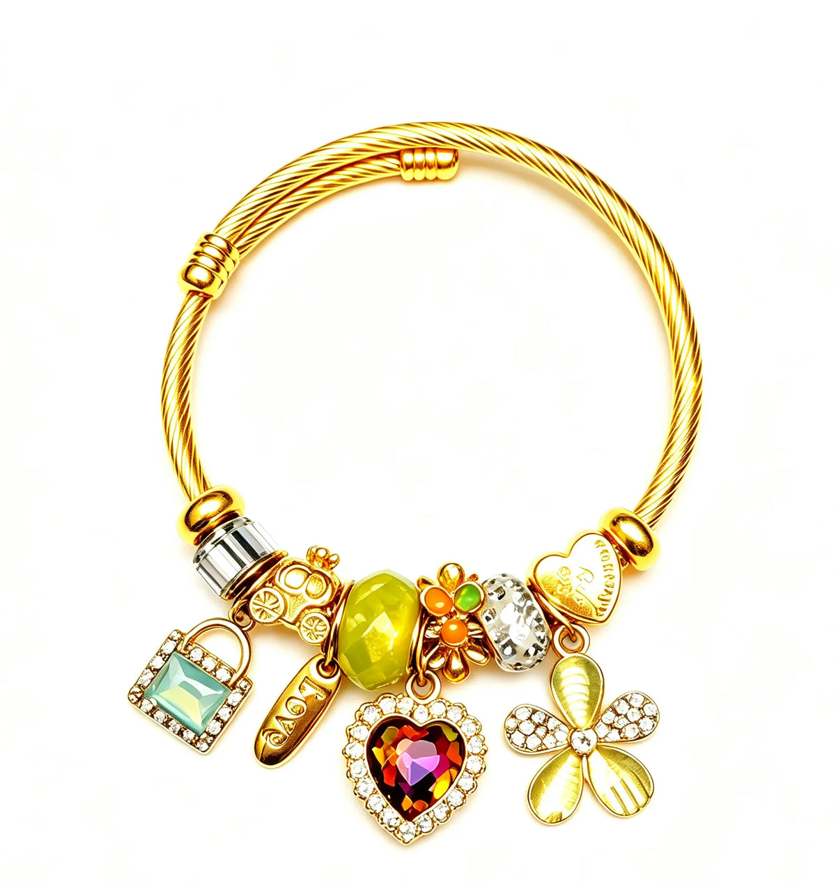 Gold Tone Charm Bracelet for Women, Crystal Heart Flower Pendant Bangle, Elegant Vintage Beaded Bracelet Jewelry Gift for Her Fashionable Bangle Dainty Crystal Bracelet