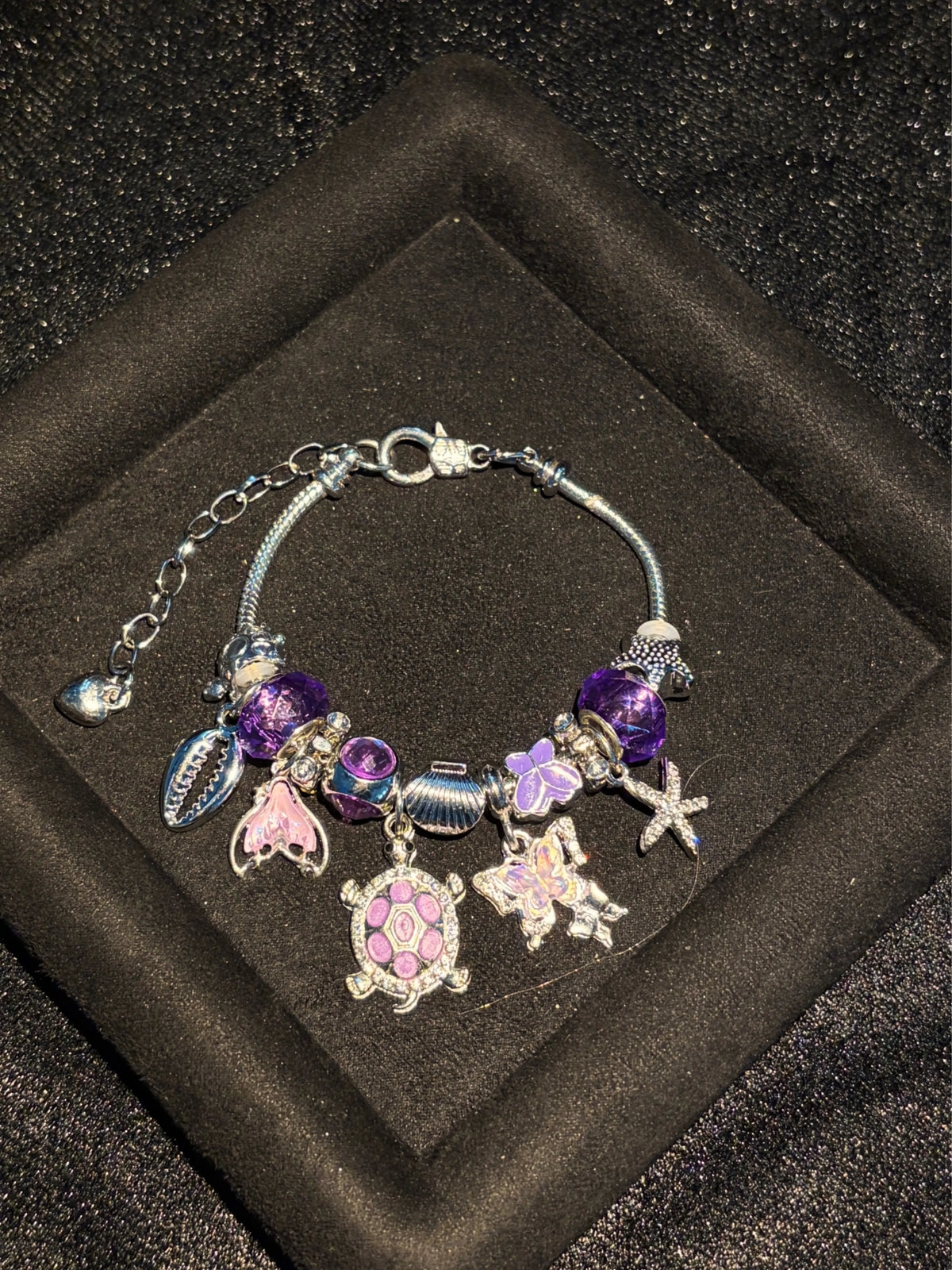 Women's Silver-Tone Ocean Turtle Snake Chain Bracelet, Adjustable Extension Chain, Enamel Turtle Shell Starfish Butterfly Dangles, Purple & Green Crystal Beads, 2-Color Options, Stackable Beach Costume Jewelry Gift
