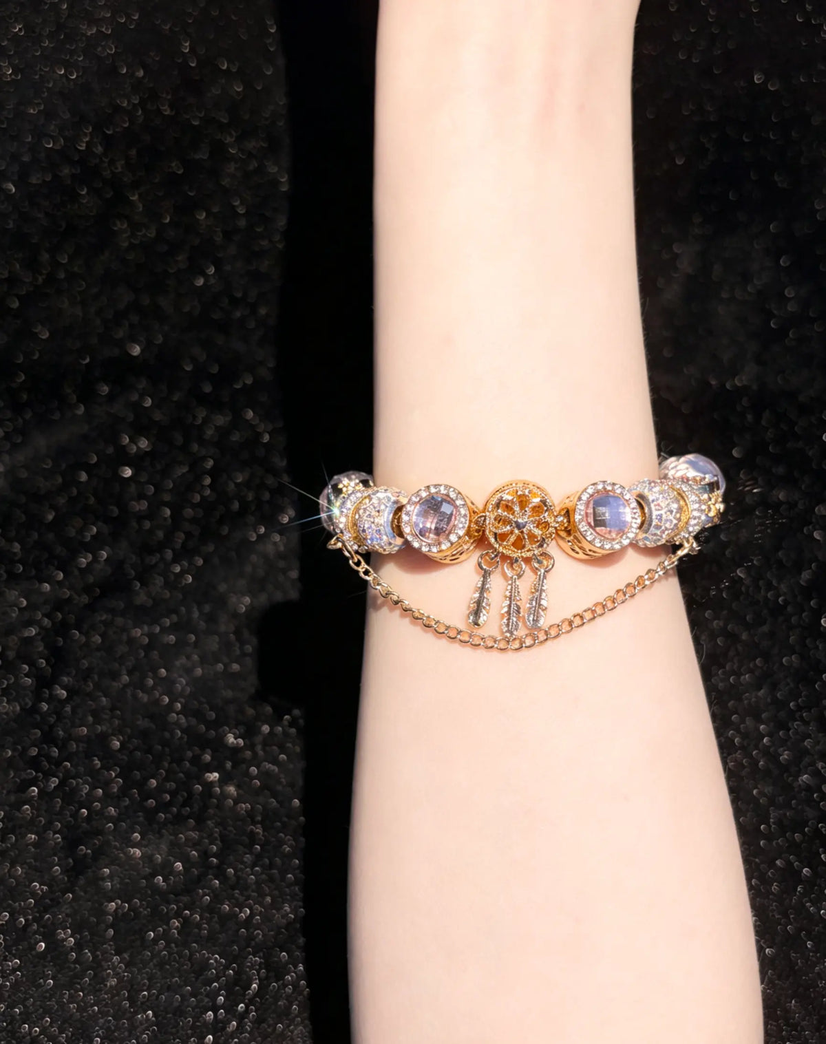 Women's Gold-Tone Feather Tassel Charm Bead Bracelet with Pink Flower Enamel & Crystal Rhinestone Beads, Stackable Costume Jewelry Gift