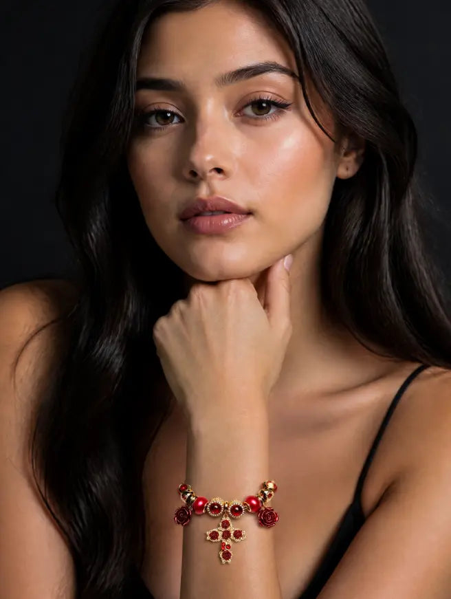 Vintage Red Rose & Cross Charm Bracelet, Gold Snake Chain with Rhinestone Pendant, Elegant Romantic Fashion Jewelry