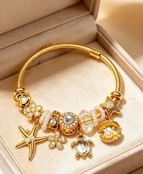Gold Tone Ocean Theme Cable Wire Charm Bracelet, Starfish, Turtle, Shell, Flower Crystal Pearl Dangle Bangle, Adjustable Open Cuff Beach Jewelry Gift for Women Girls