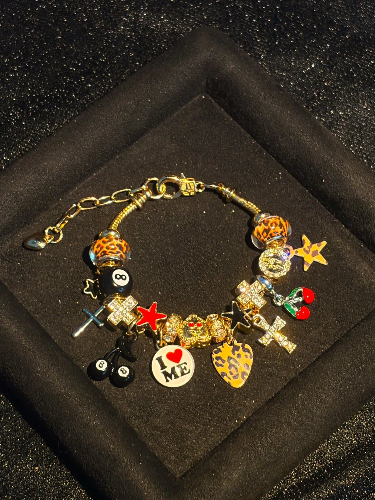 Women's Y2K Leopard Print Charm Bracelet - Gold-Tone Snake Chain, 9.85in Total Length, 2-Style Enamel Crystal Charms with 8-Ball, Cross, Cherry, Star Pendants, Fashion Costume Jewelry Gift for Girls