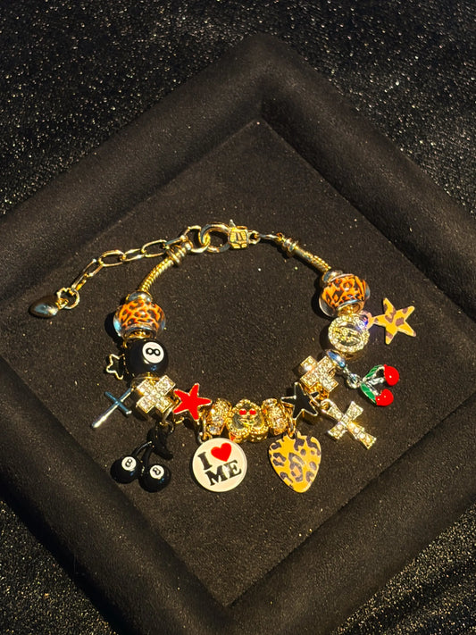 Women's Y2K Leopard Print Charm Bracelet - Gold-Tone Snake Chain, 9.85in Total Length, 2-Style Enamel Crystal Charms with 8-Ball, Cross, Cherry, Star Pendants, Fashion Costume Jewelry Gift for Girls
