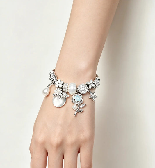Women's Adjustable Open Cuff Silver Cable Wire Bracelet - Pearl, 4-Leaf Clover, Star, Flower Crystal Charms - Stackable Elegant Jewelry Gift for Daily Party Use