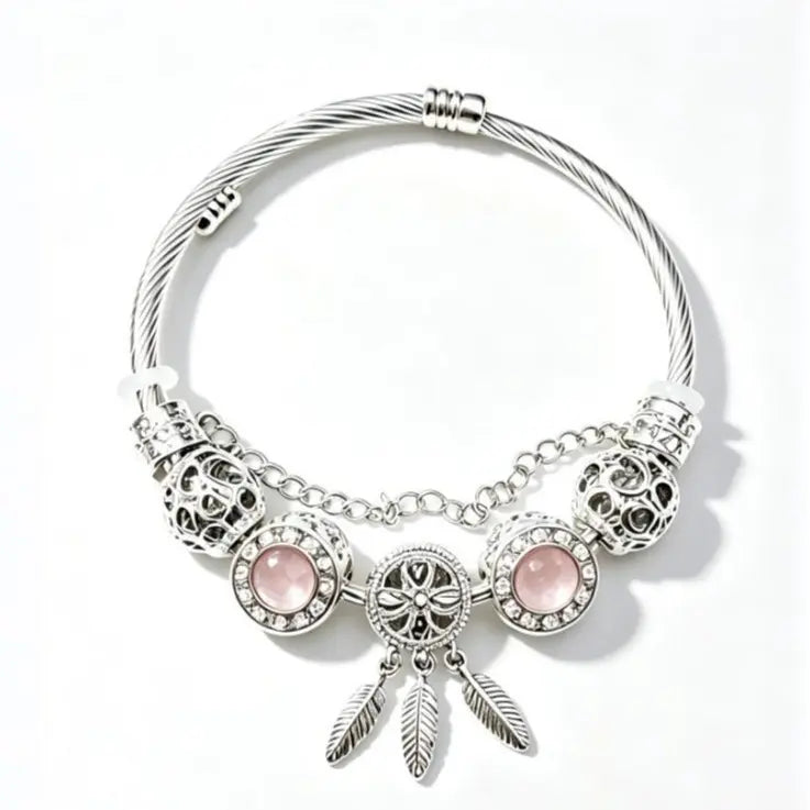 Dreamcatcher Feather Charm Silver Twisted Cable Bangle, Pink & Blue Crystal Rhinestone Hollow Bead Bracelet, Luxury Jewelry Gift for Women
