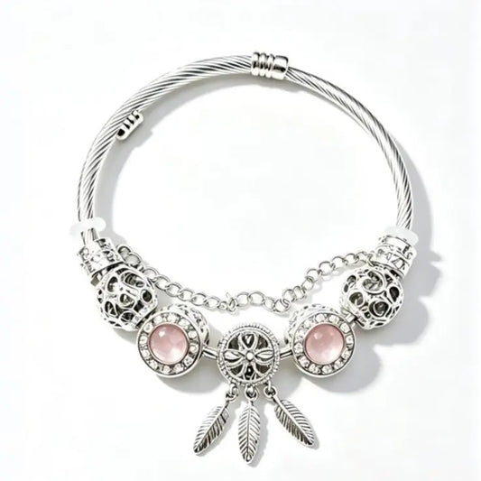 Dreamcatcher Feather Charm Silver Twisted Cable Bangle, Pink & Blue Crystal Rhinestone Hollow Bead Bracelet, Luxury Jewelry Gift for Women