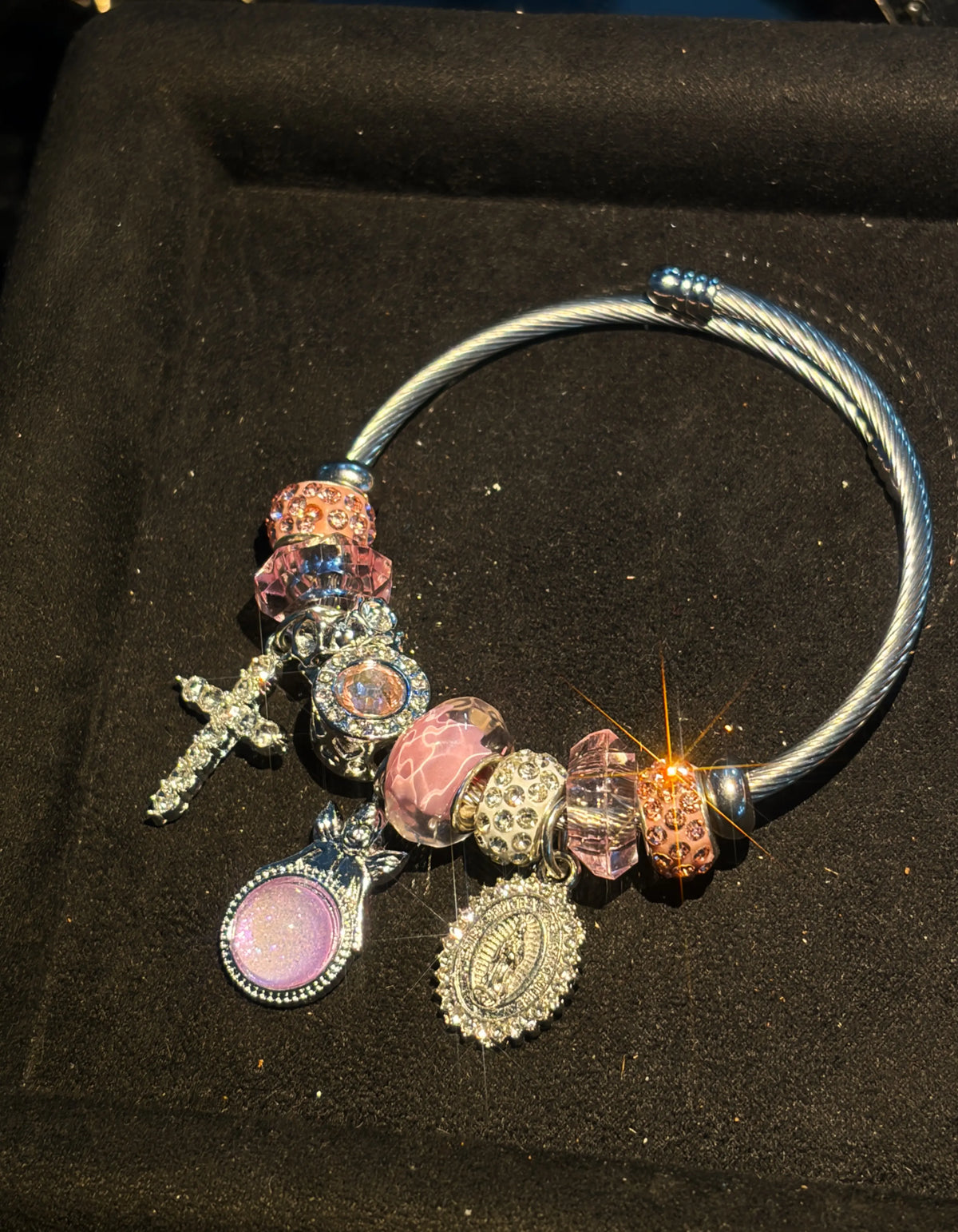 Women's Silver-Tone Religious Wire Cuff Bangle - Cross, Virgin Mary Charm, Pink Murano Glass Beads, Rhinestone Crystal Fashion Statement Bracelet