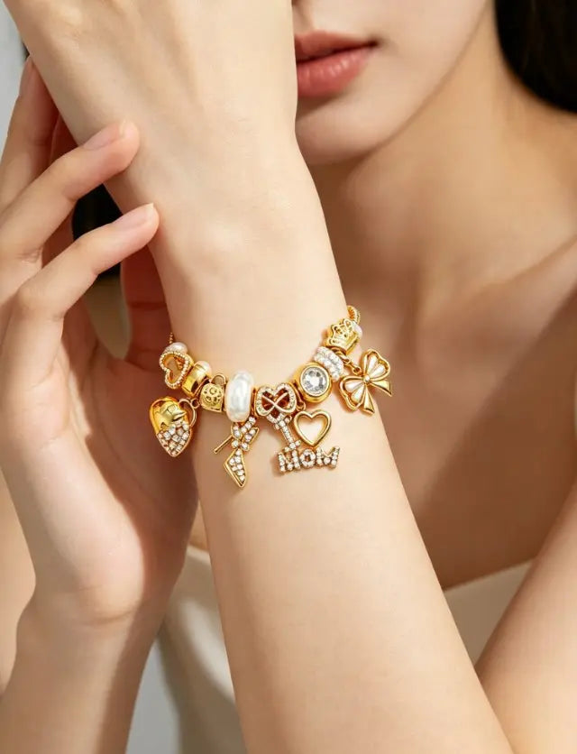 I Love Mom Charm Bracelet, Gold Plated Beaded Snake Chain Bracelet with Heart Bow Crown Charms, Gift for Mother
