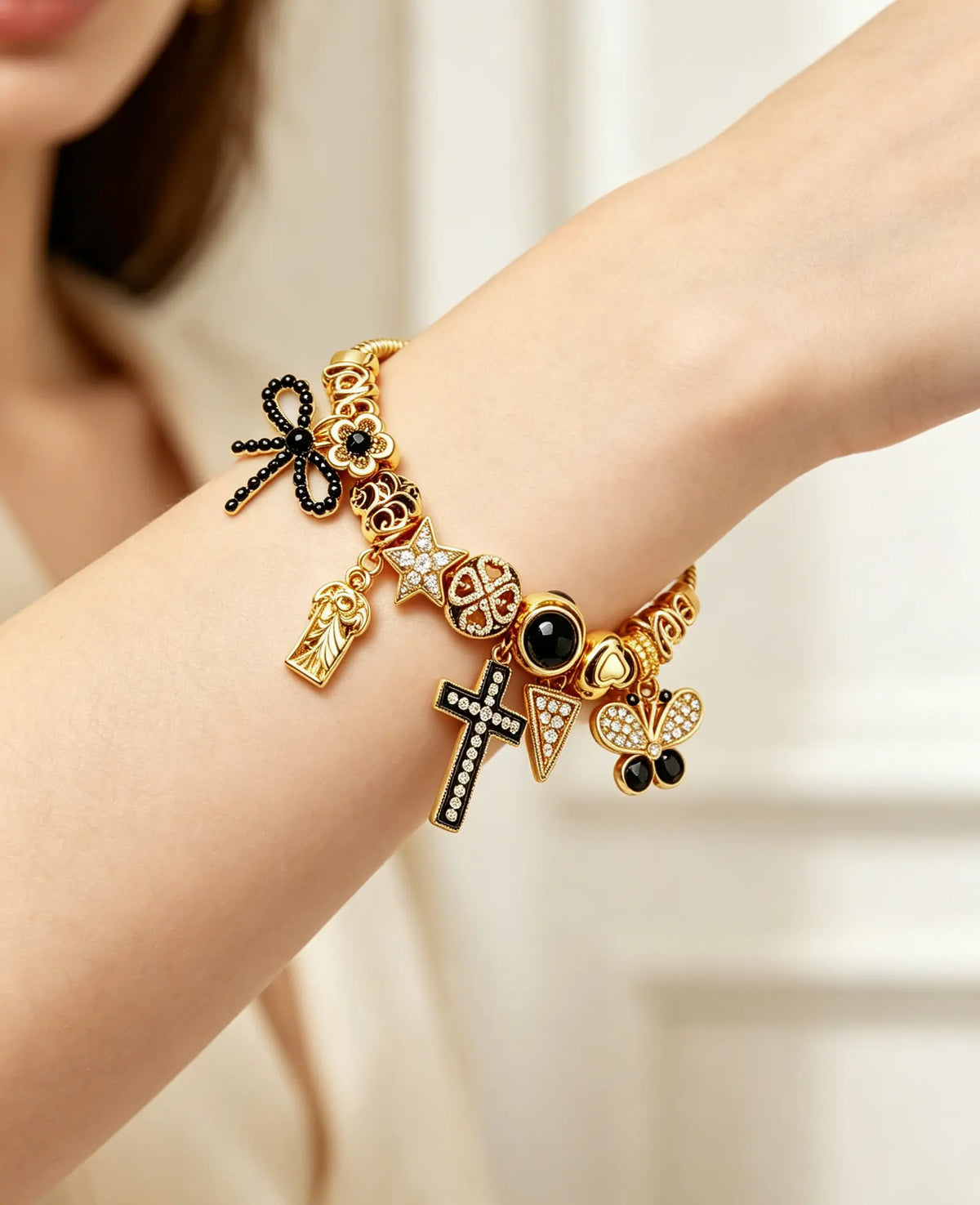 Gold Tone Adjustable Snake Chain Charm Bracelet, Black Enamel Cross Bow Butterfly Crystal Charms Beaded Bracelet, Vintage Gothic Jewelry Gift for Women