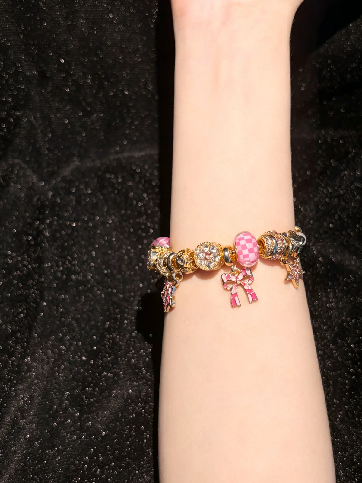 Women's Gold-Tone Pink Enamel Beaded Charm Bracelet with Bow, Star, Heart Accents - Sweet Girly Costume Jewelry Gift