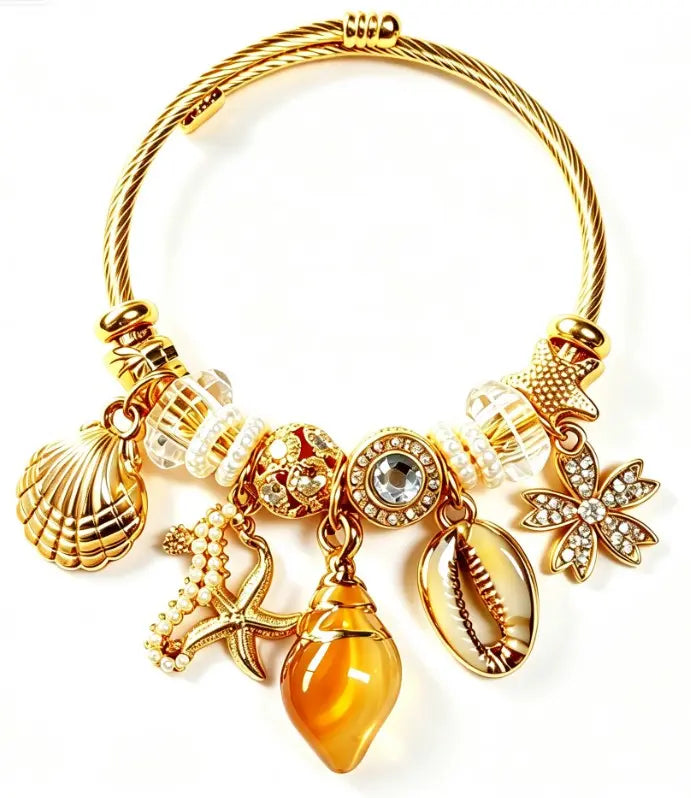 Gold Ocean Seashell Starfish Open Cuff Bracelet with Amber Crystal Beads Summer Beach Charm Bangle for Women