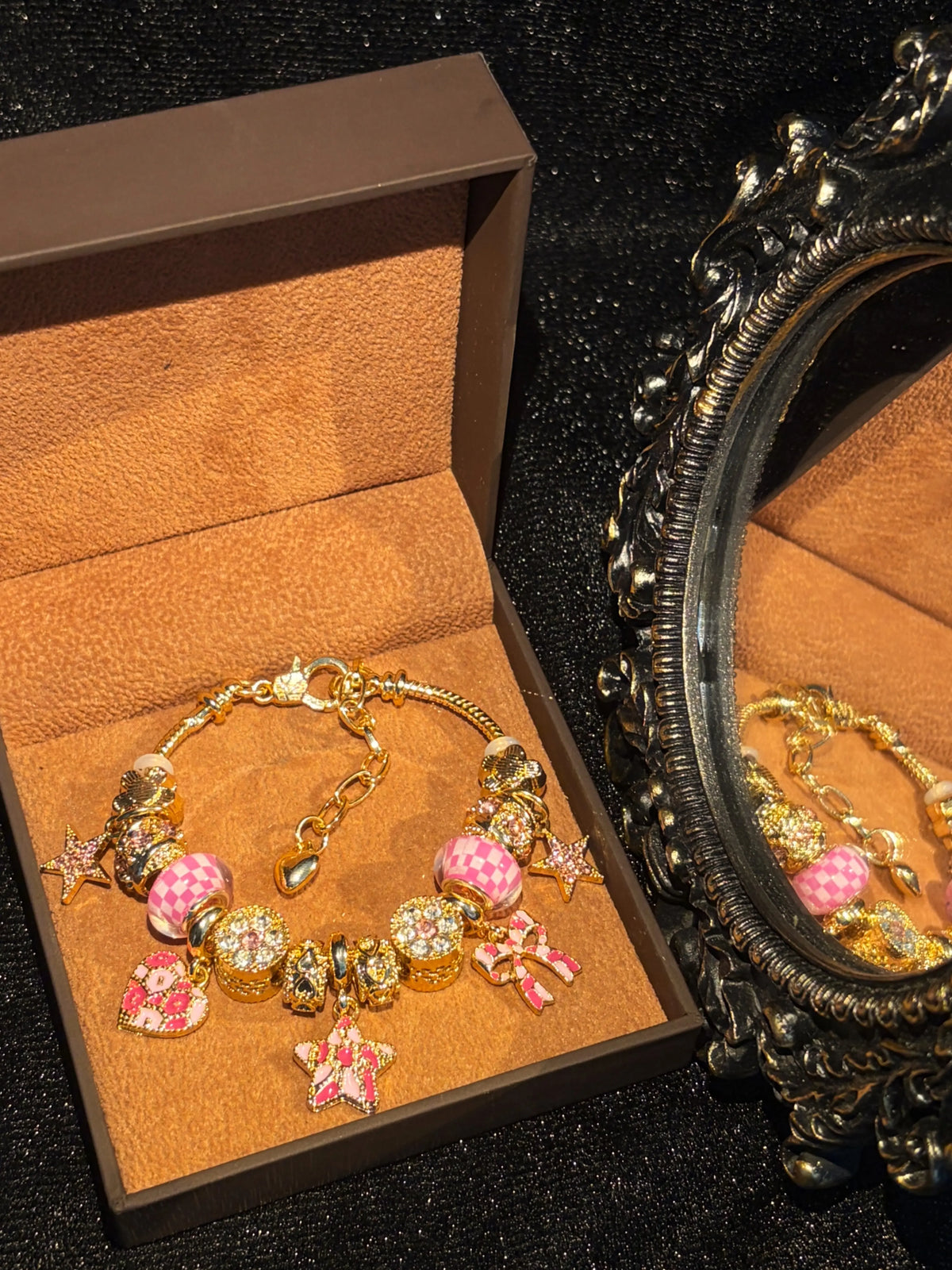 Women's Gold-Tone Pink Enamel Beaded Charm Bracelet with Bow, Star, Heart Accents - Sweet Girly Costume Jewelry Gift