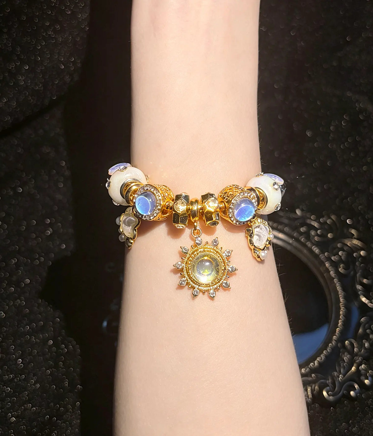 Women's Gold-Tone Beaded Bracelet with Dreamy Moonlight Sun Charm, Iridescent Glass Beads and Star Cloud Dangle Charm