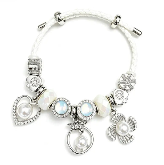 White Braided Adjustable Charm Bracelet Pearl Heart Crystal Beads Stackable Wrist Jewelry Gift For Women Daily Wear