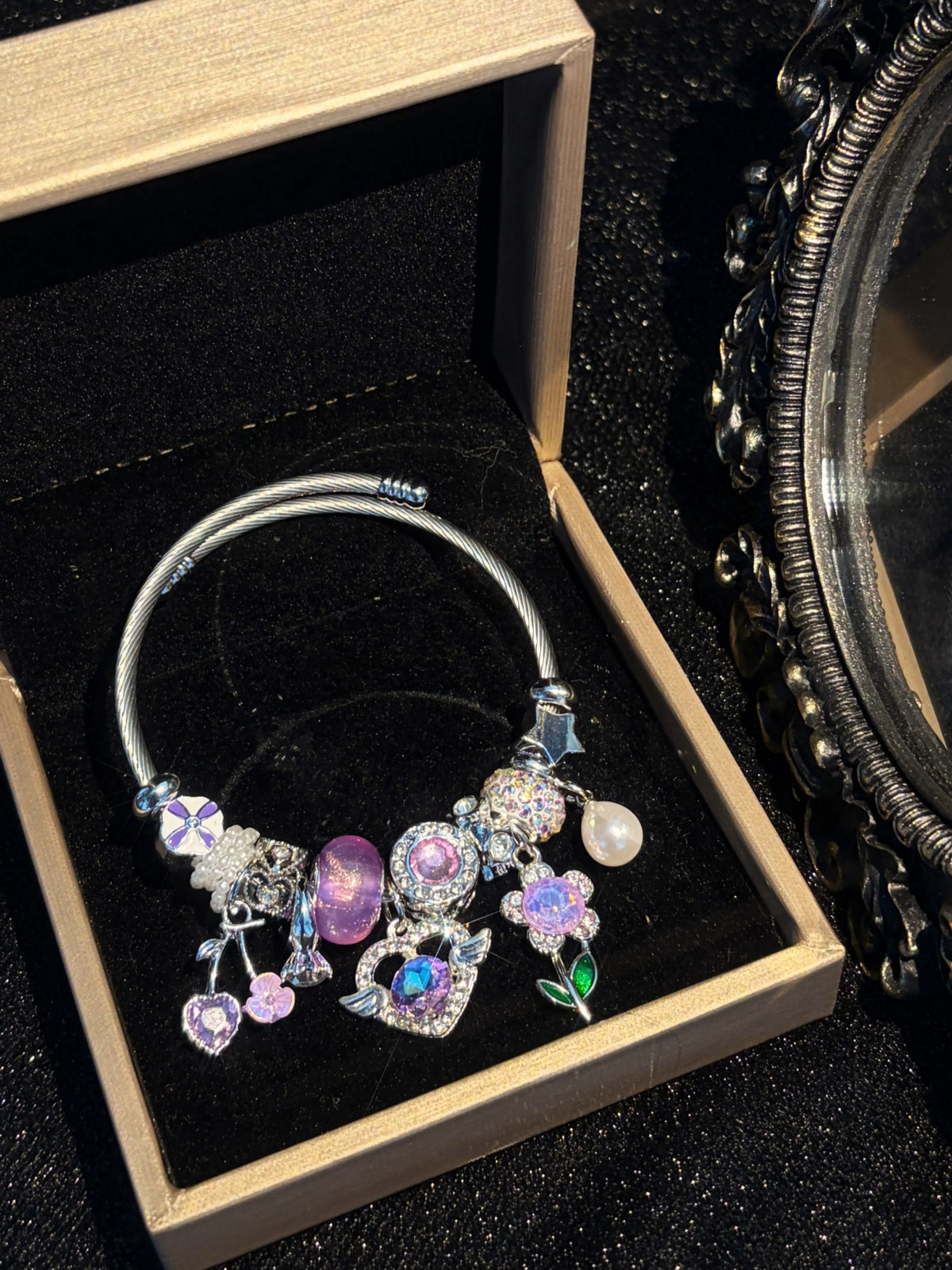 Women's Silver-Tone Open Cuff Bangle Bracelet - Dreamy Pink-Purple Crystal, Flower, Heart, Pearl Charms - Stackable Costume Jewelry Gift