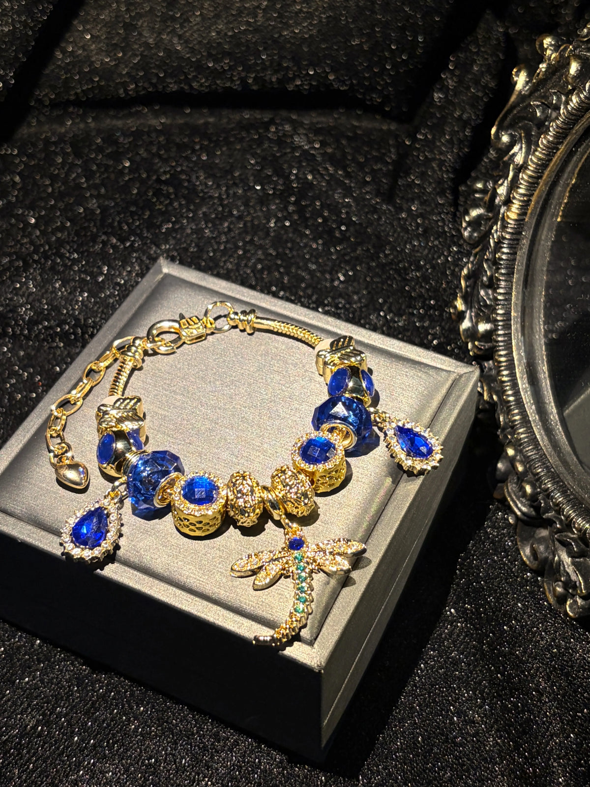 Women's Gold Tone Charm Bracelet, Sparkling Blue Bead & Dragonfly Rhinestone Charms Bangle for Daily Party Wear