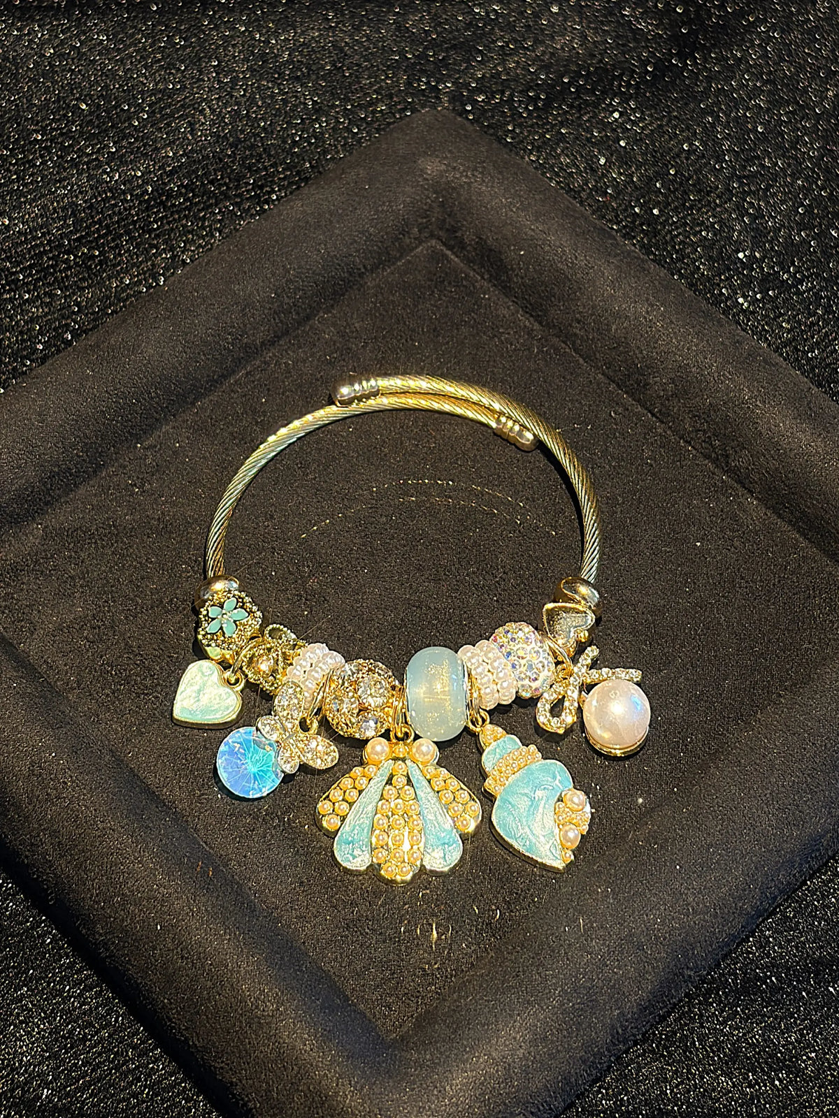 Women's Ocean Shell Charm Bracelet - Enamel Seashell Dangle Charms, Crystal & Pearl Beaded Bangle, Trendy Beach Costume Jewelry Gift for Women