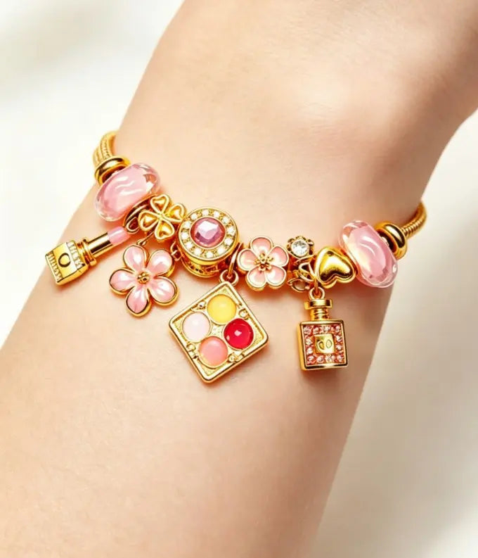 Gold Snake Chain Charm Bracelet for Women, Pink Enamel Flower Lipstick Perfume Palette Crystal Beads Dainty Jewelry Gift