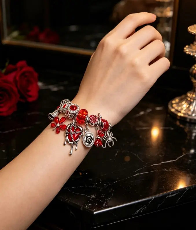 Gothic Red Heart Drip Charm Bangle Open Adjustable Silver Wire Bracelet Spider Rose Red Crystal Beads Stackable Jewelry Gift For Women