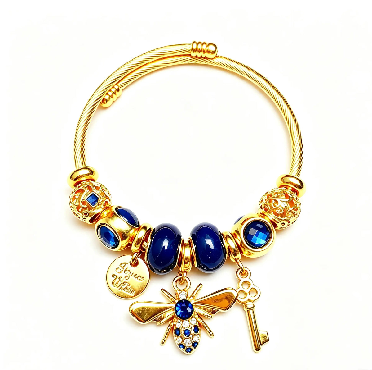 Gold Bee Charm Bangle Bracelet for Women, Adjustable Cable Wire Open Cuff Bracelet with Key & Coin Pendant, Fashion Multicolor Beaded Jewelry Gift
