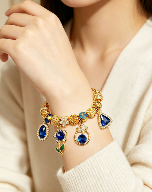 Blue Crystal Flower Charm Bracelet, Gold Tone Adjustable Snake Chain Beaded Bracelet with Gem Pendant, Fashion Jewelry Gift for Women Girls
