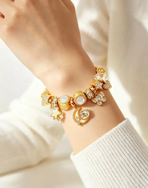 Dreamy Star & Moon Charm Bracelet – Gold-Tone Bow & Crystal Bead Bangle, Sweet Fairycore Jewelry, Perfect Gift for Her
