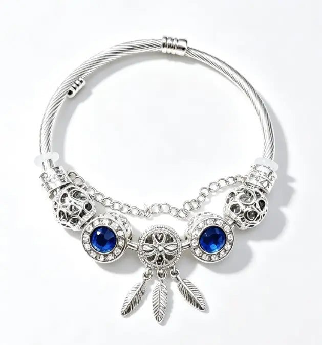 Dreamcatcher Feather Charm Silver Twisted Cable Bangle, Pink & Blue Crystal Rhinestone Hollow Bead Bracelet, Luxury Jewelry Gift for Women