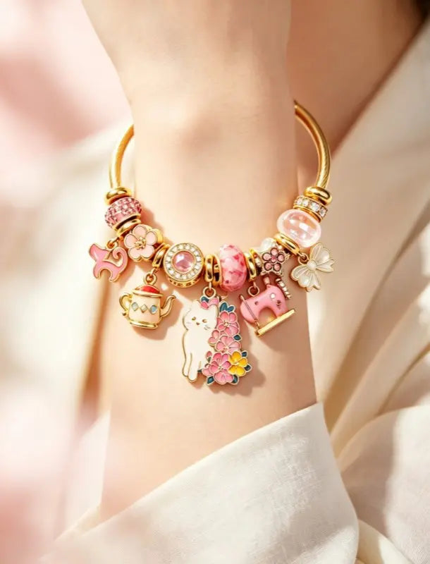 Tone Gold Twisted Open Bangle Pink Cat Cherry Blossom Charm Bracelet Cute Teapot Rocking Horse Bow Crystal Bead Women Sweet Girly Jewelry Gift
