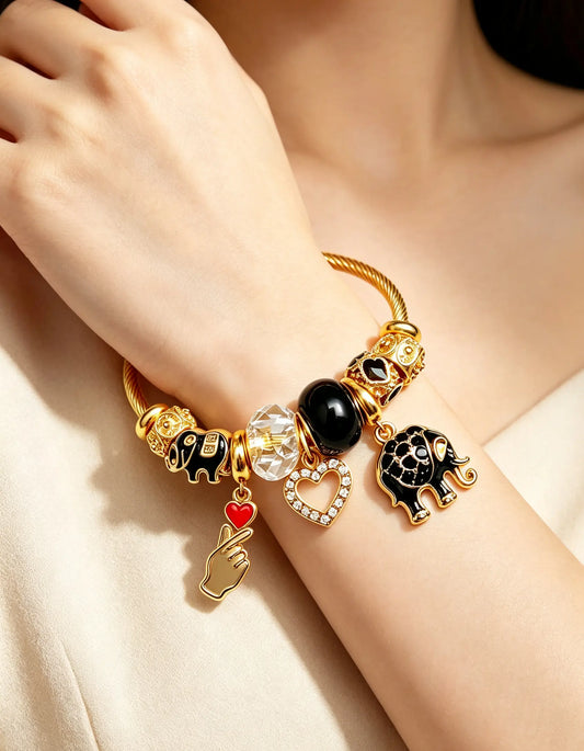 Gold-Tone Adjustable Cable Wire Charm Bangle Bracelet for Women, Elephant Heart Crystal Hand Charms Cuff Bracelet, Fashion Jewelry Gift