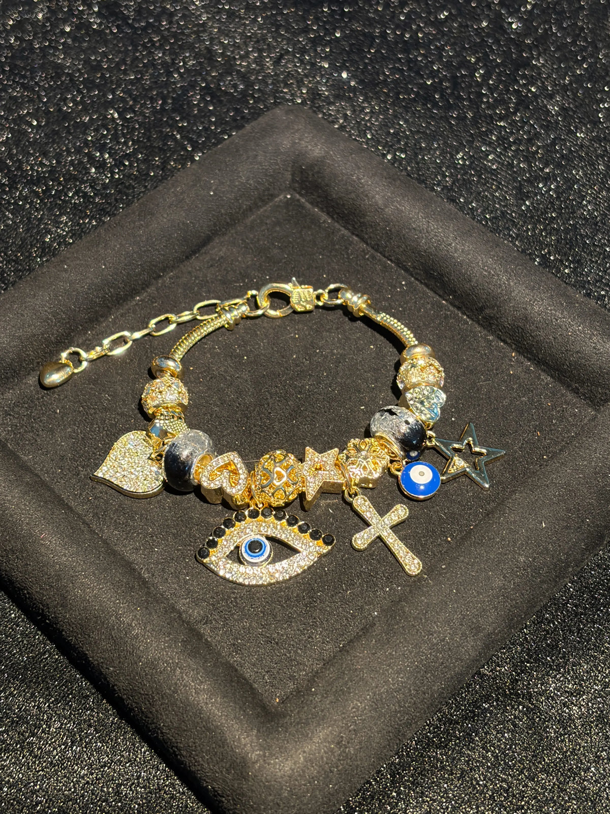 Women's Lucky Evil Eye Charm Bracelet - Gold-Tone Adjustable Extension Chain, Cubic Zirconia Cross Star Heart Charms, Stackable Layering Beaded, Boho Protection Jewelry, Ideal Birthday Holiday Gift for Teen Girls