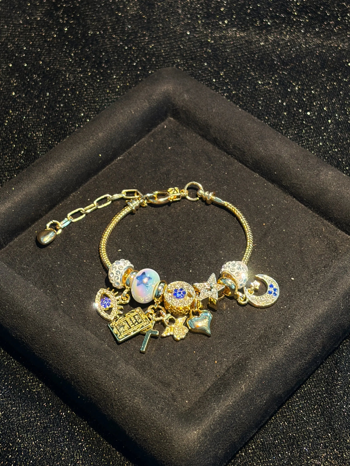 Women Warm Gold Beaded Snake Chain Bracelet, Moon Star Evil Eye Cross Tarot Card Pendants Shiny Rhinestone Gradient Glass Beads Adjustable Wrist Ornament, Mystical Fashion Present for Ladies