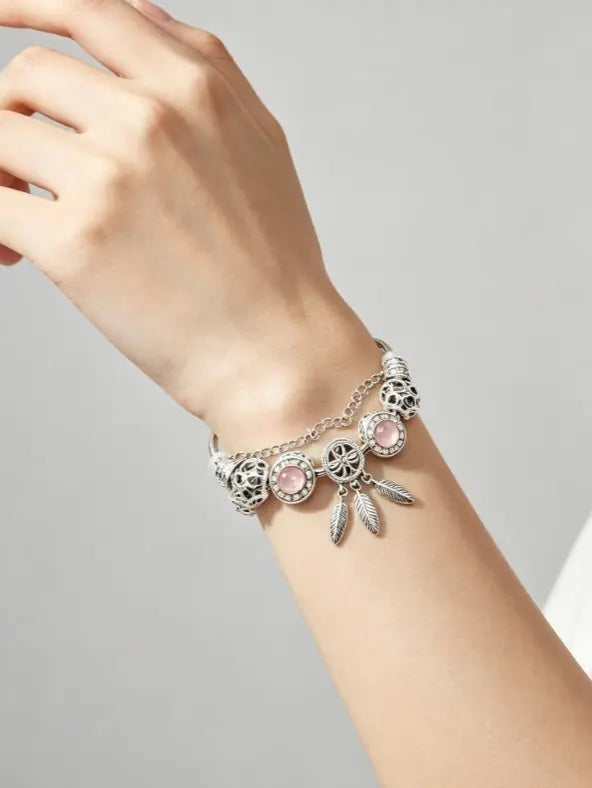 Dreamcatcher Feather Charm Silver Twisted Cable Bangle, Pink & Blue Crystal Rhinestone Hollow Bead Bracelet, Luxury Jewelry Gift for Women