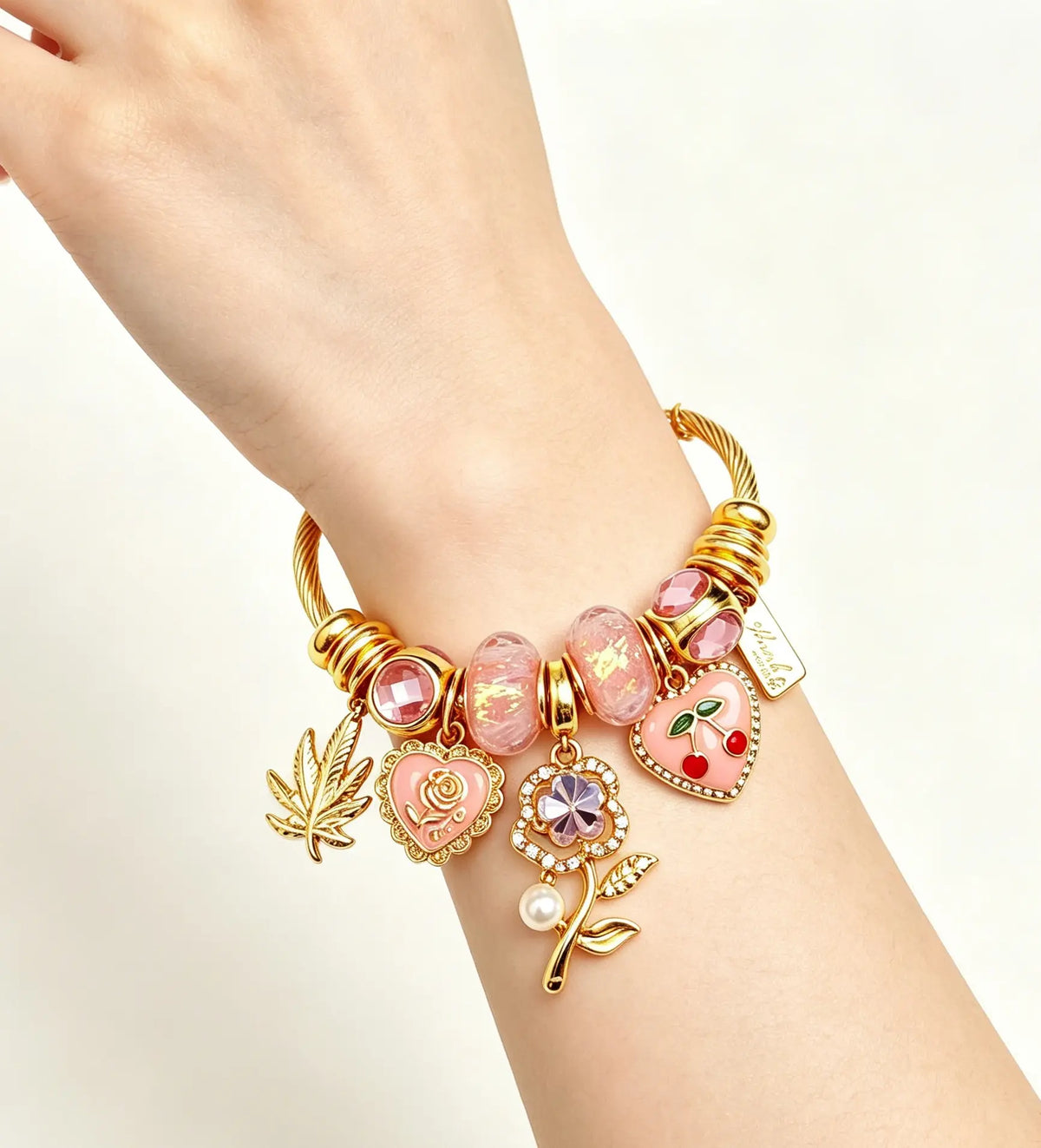 Golden Adjustable Open Cuff Charm Bangle, Cable Wire Beaded Bracelet with Enamel Heart Cherry Rose Maple Leaf Charms, Fashion Stackable Jewelry Gift for Women Girls